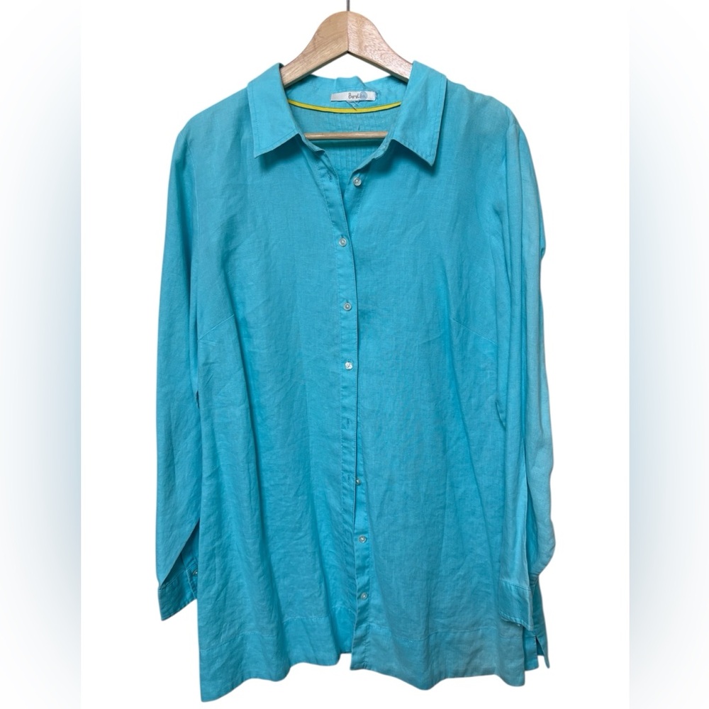 Boden 100% Linen Aqua Blue Button Up Top Shirt Tunic Collared Long Sleeve FLAW